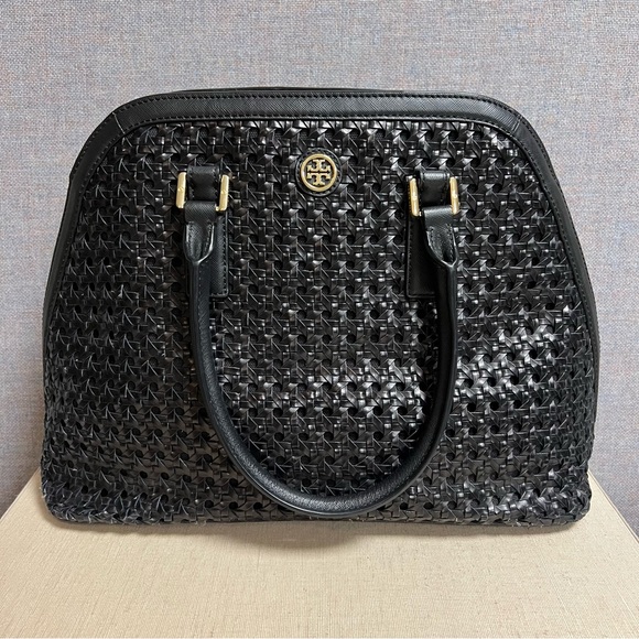 Tory Burch Robinson Basket-Weave Top Handle Black Satchel - Picture 1 of 12